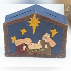 Vtg Christmas Nativity Set Scene 5 Piece Resin Figurines w/ Felt Applique Box